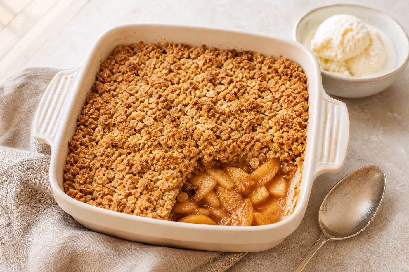 Apple crumble with golden oat topping and tender cinnamon apple filling in a cream baking dish