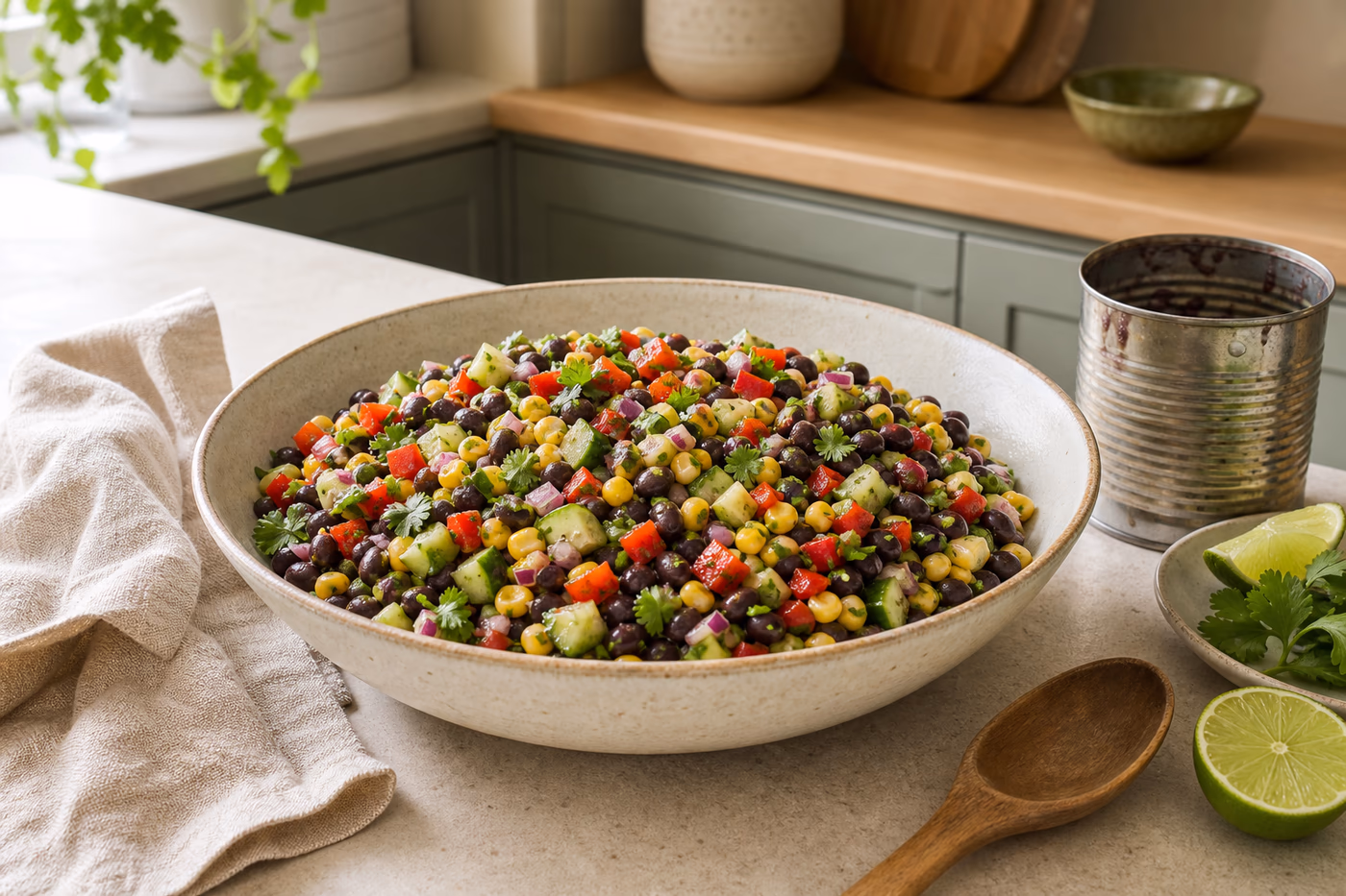 Black bean and corn salad in a wide ceramic bowl with lime, cilantro, and a wooden spoon