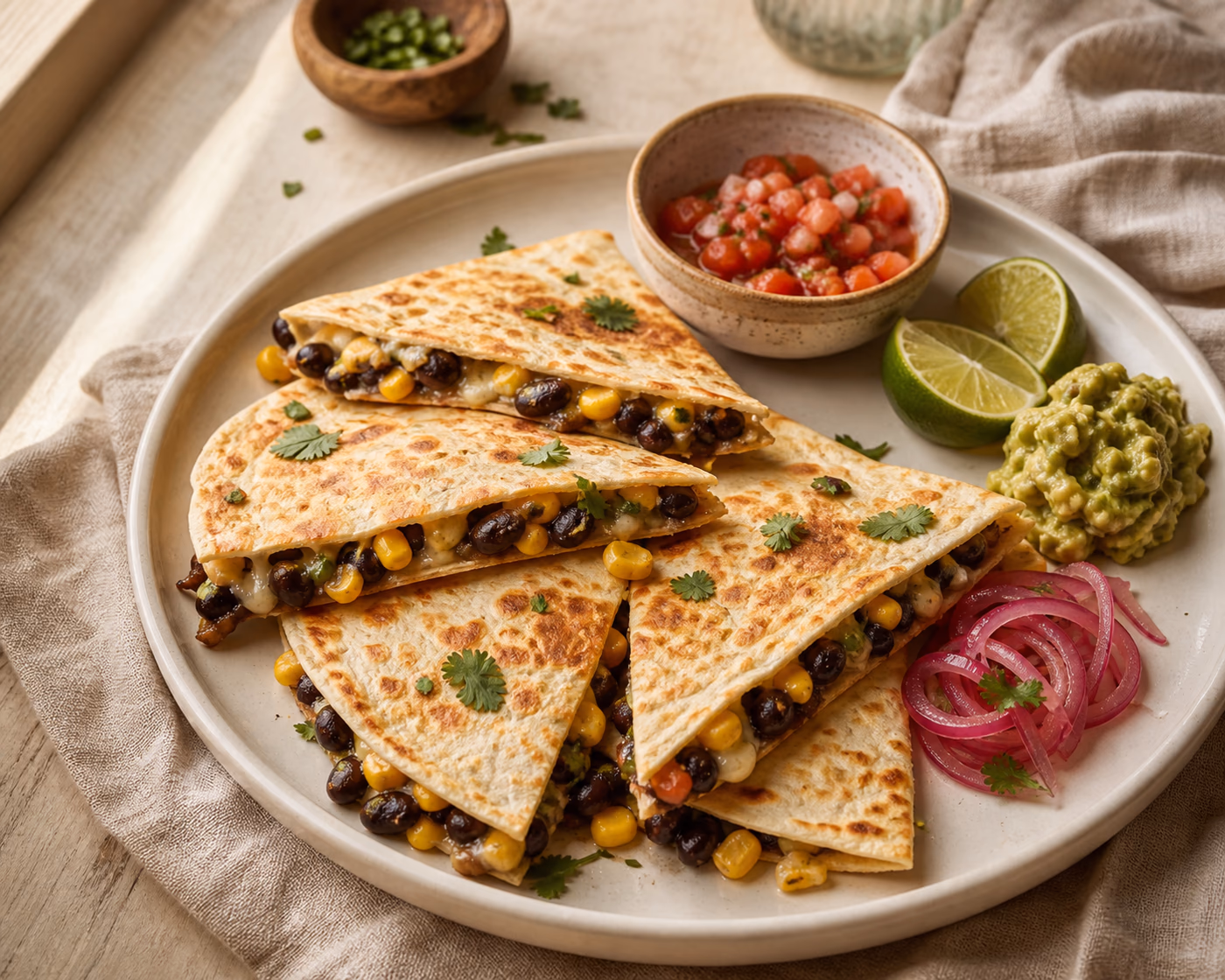 Black bean quesadilla wedges with corn, melted cheese, salsa, guacamole, lime, and pickled red onions on a cream plate