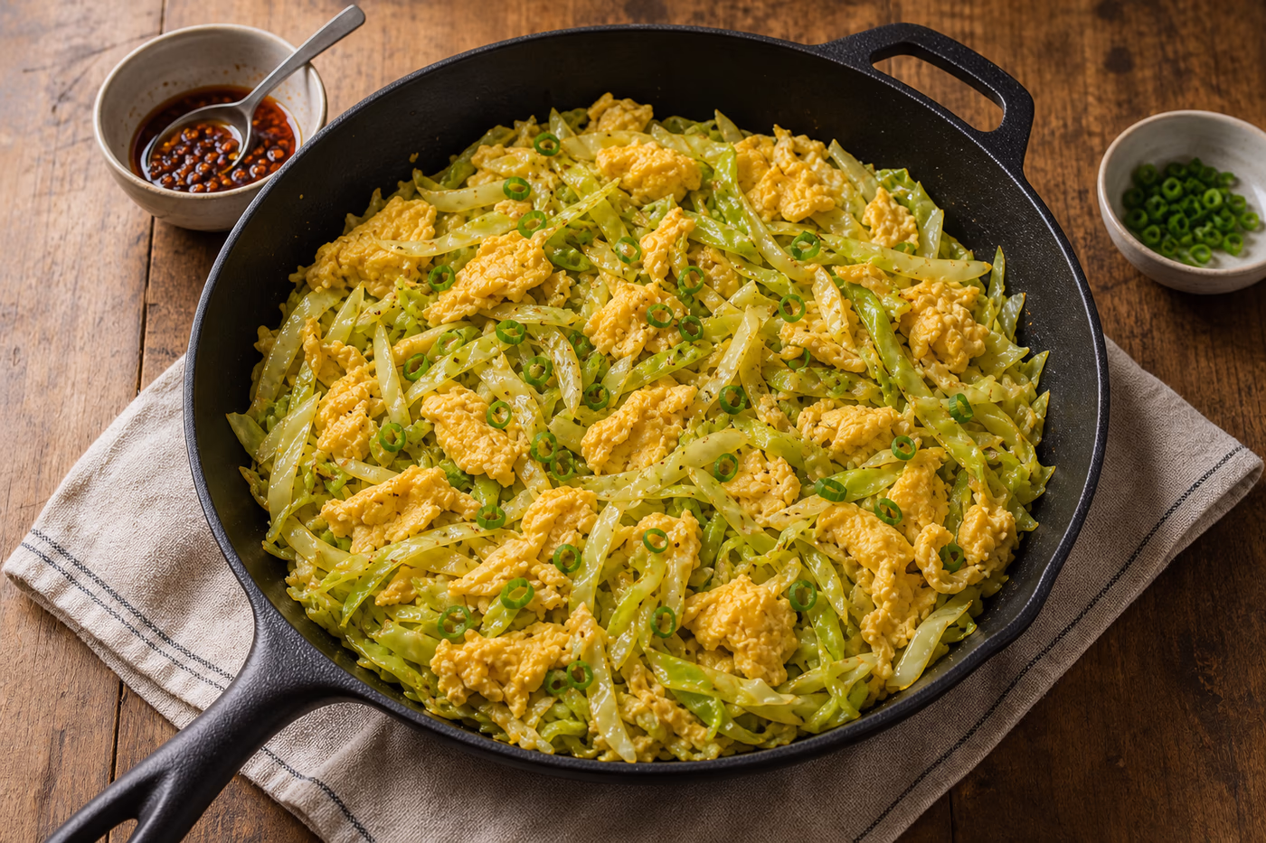 Cabbage and eggs cooked in a black skillet with scallions and chili crisp nearby