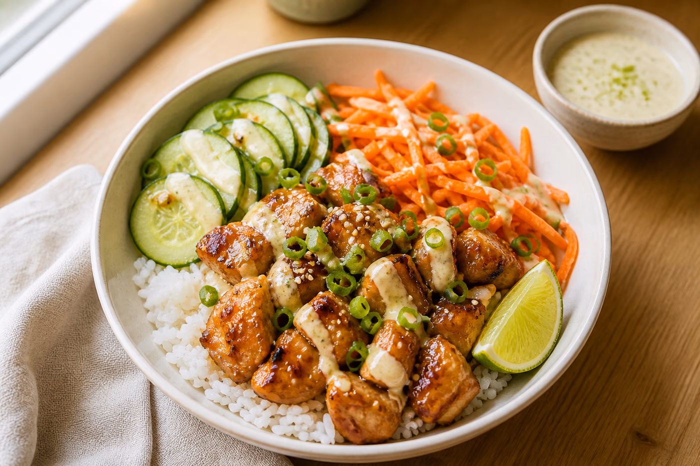 Skillet chicken rice bowl with cucumber, carrots, scallions, sesame, lime, and creamy sauce