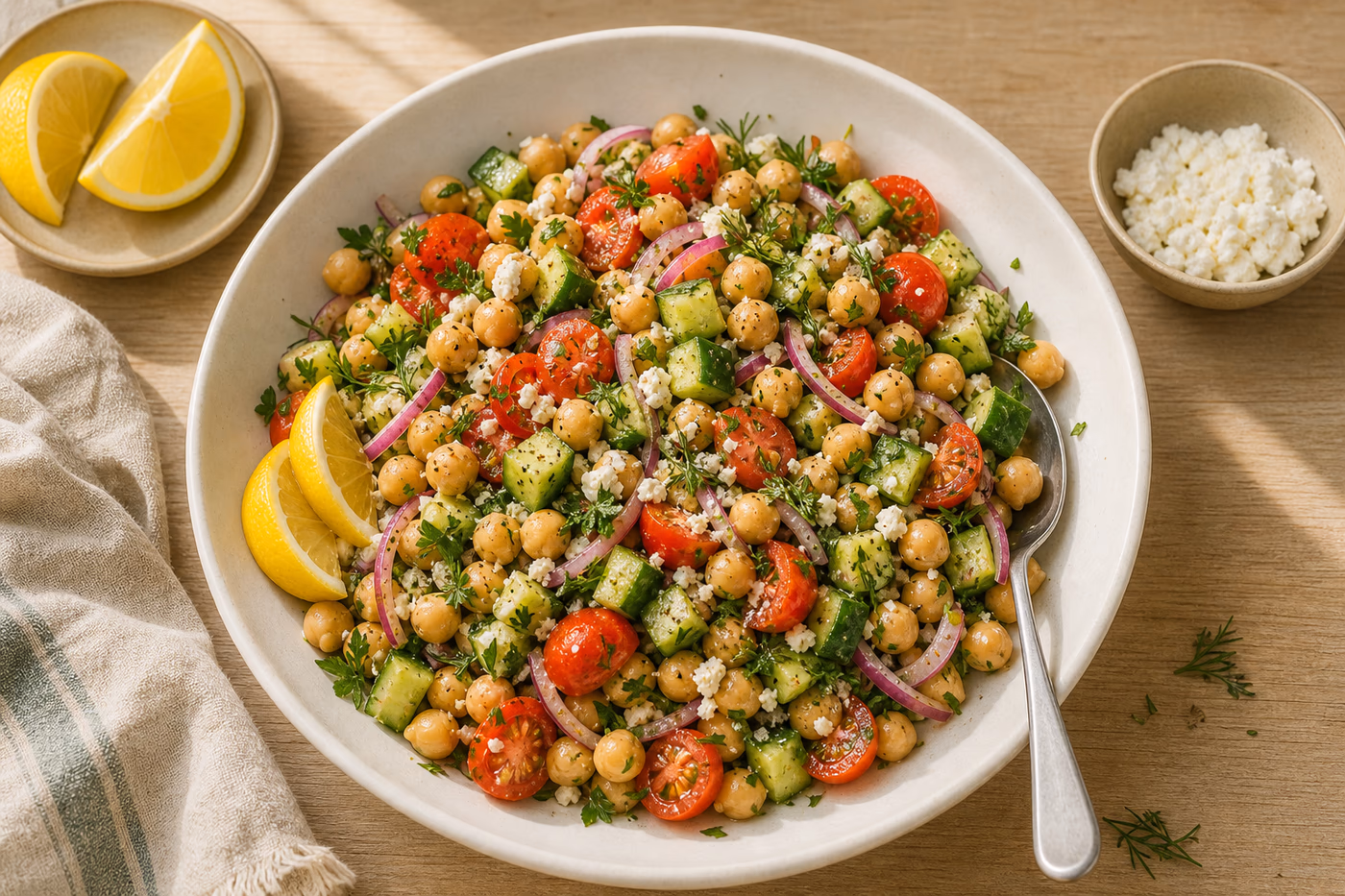 Chickpea salad with cucumber, tomatoes, herbs, lemon, and optional feta in a wide bowl