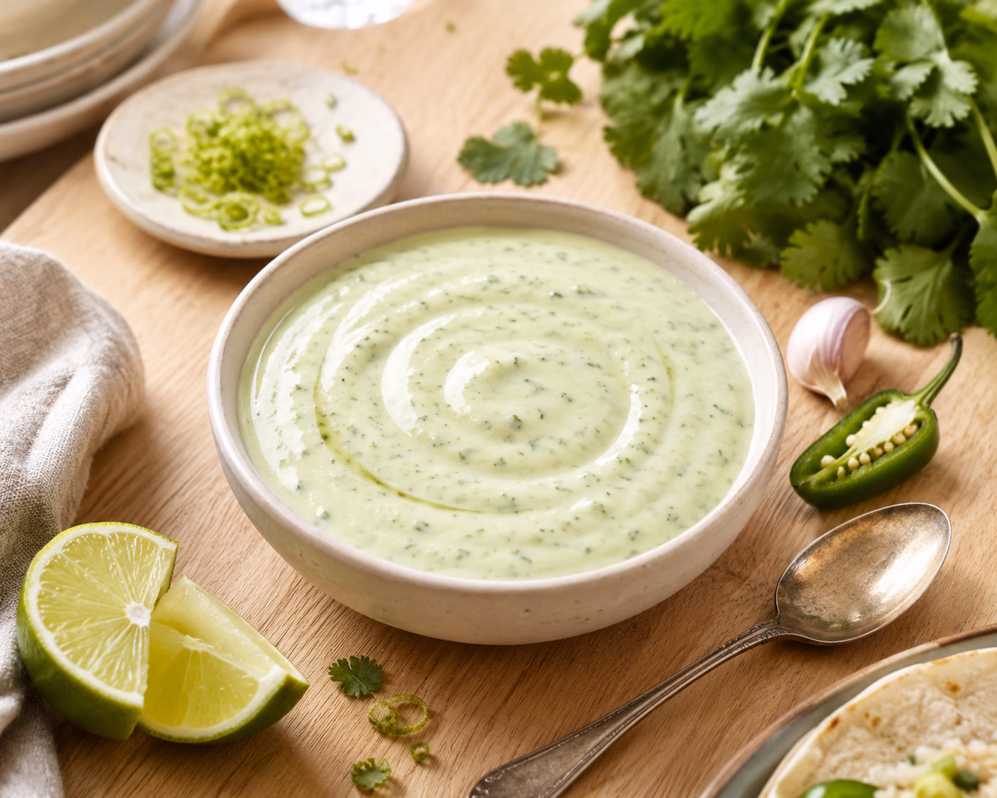 Creamy cilantro lime sauce in a small bowl with cilantro, lime halves, and a spoon