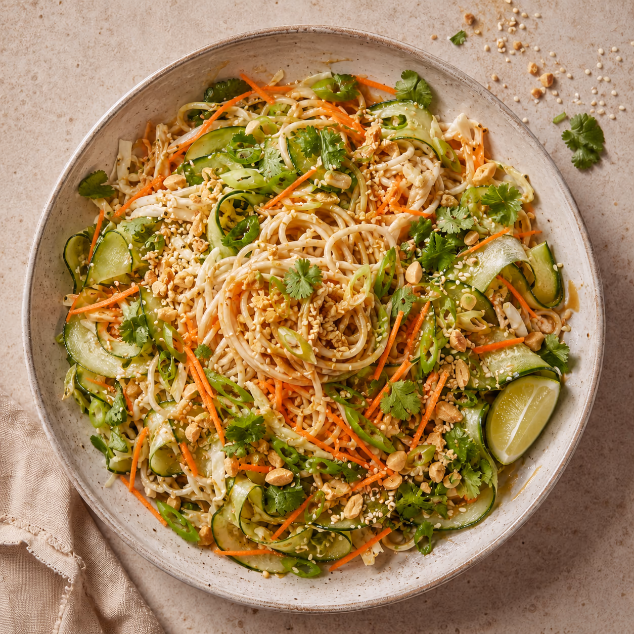 Cold noodle salad with cucumber ribbons, cabbage, carrots, scallions, cilantro, sesame seeds, peanuts, and lime in a cream bowl