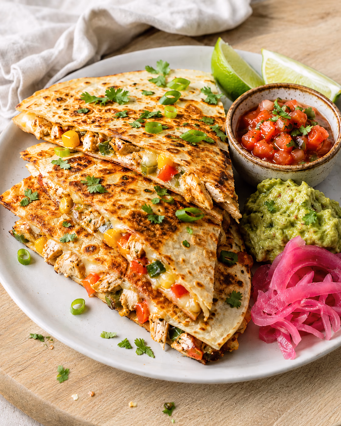 Chicken quesadilla wedges with melted cheese, cooked chicken, peppers, corn, salsa, guacamole, pickled red onions, cilantro, scallions, and lime on a cream plate