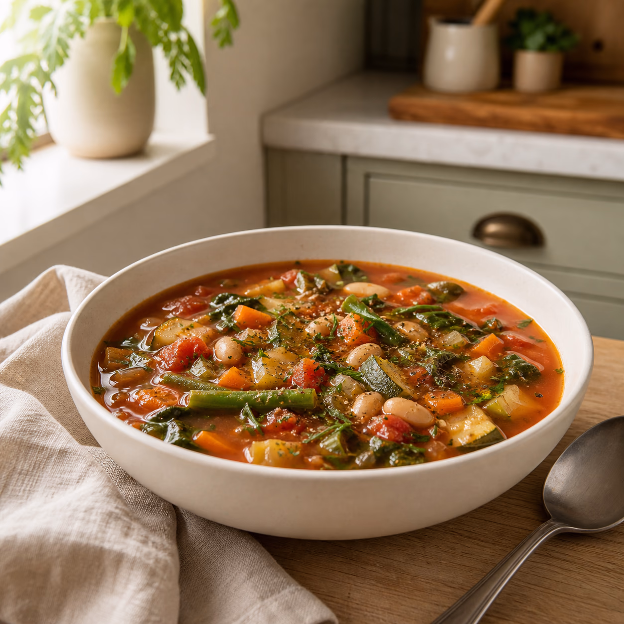 Bowl of easy vegetable soup with beans, carrots, celery, greens, herbs, and tomato broth