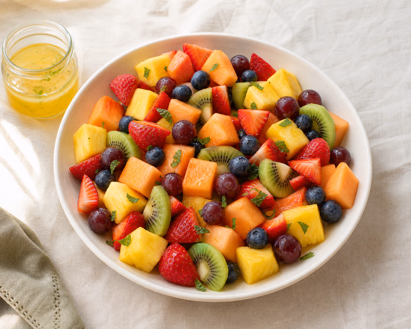 Fresh fruit salad with strawberries, blueberries, grapes, pineapple, and kiwi in a shallow bowl with a small jar of honey-lime dressing