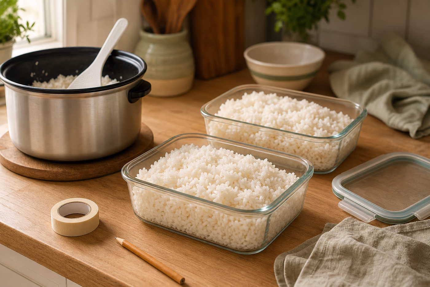 Cooked white rice portioned into shallow glass containers beside a rice cooker, tape, pencil, and lid