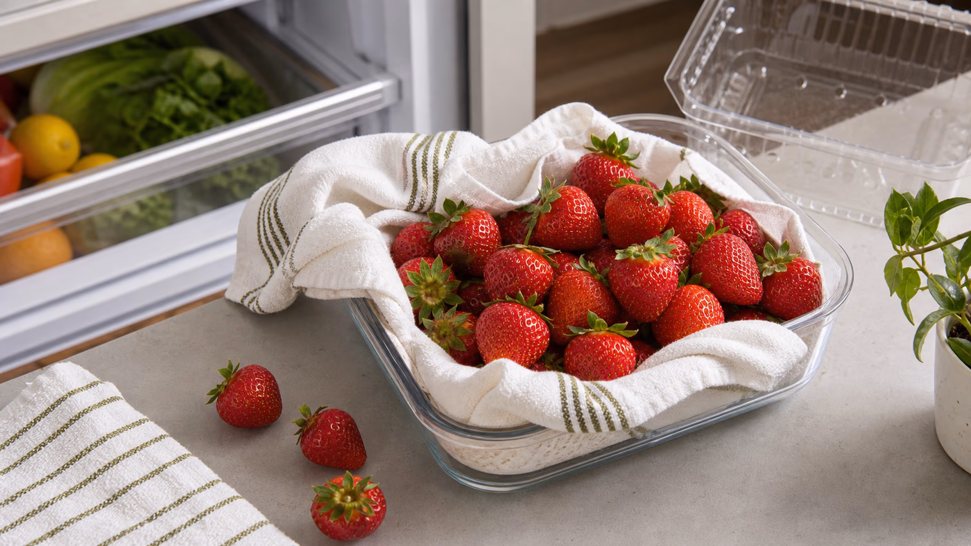 Whole strawberries sorted into a towel-lined container for refrigerator storage