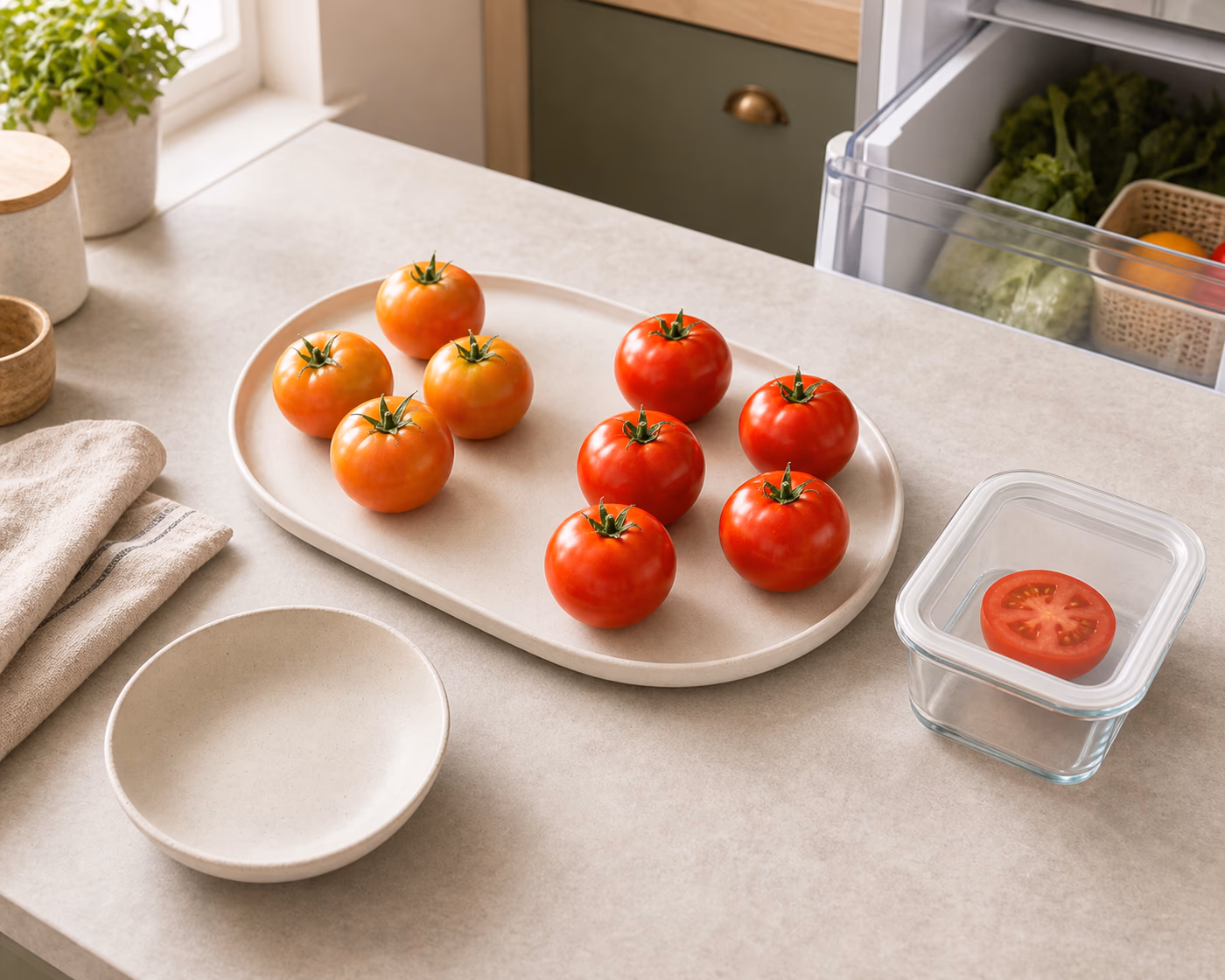 Tomatoes grouped by ripeness on a counter tray with a covered cut tomato container beside an open fridge