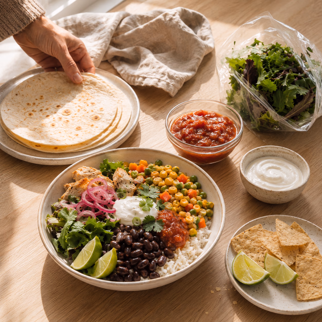 Low-effort rice bowl with black beans, frozen vegetables, greens, chicken, salsa, yogurt, tortillas, chips, and lime