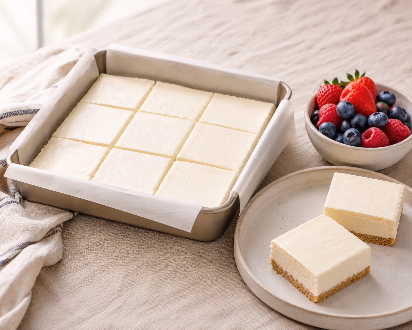 No bake cheesecake bars cut into squares with a graham cracker crust, creamy filling, and berries nearby