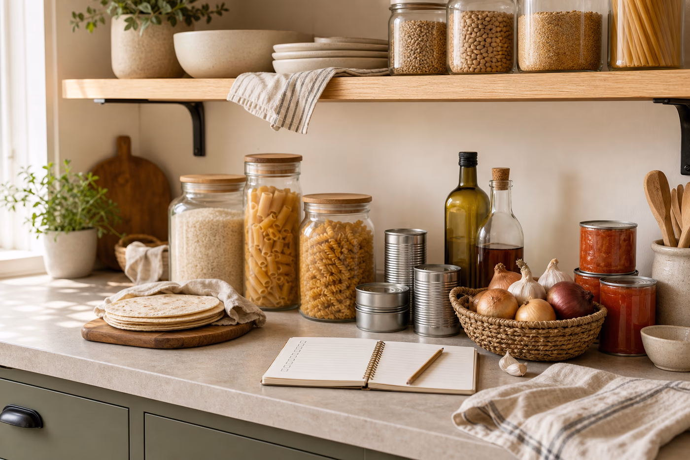 Pantry inventory setup with jars of rice, pasta, beans, oils, cans, onions, garlic, tortillas, a notebook, and pencil on a warm kitchen counter