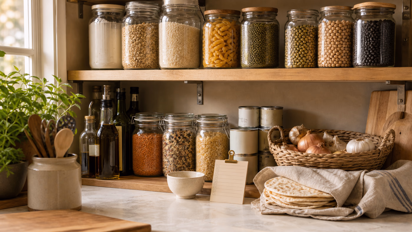Organized pantry shelf with glass jars of grains, pasta, beans, oils, canned goods, onions, garlic, and tortillas in a warm home kitchen
