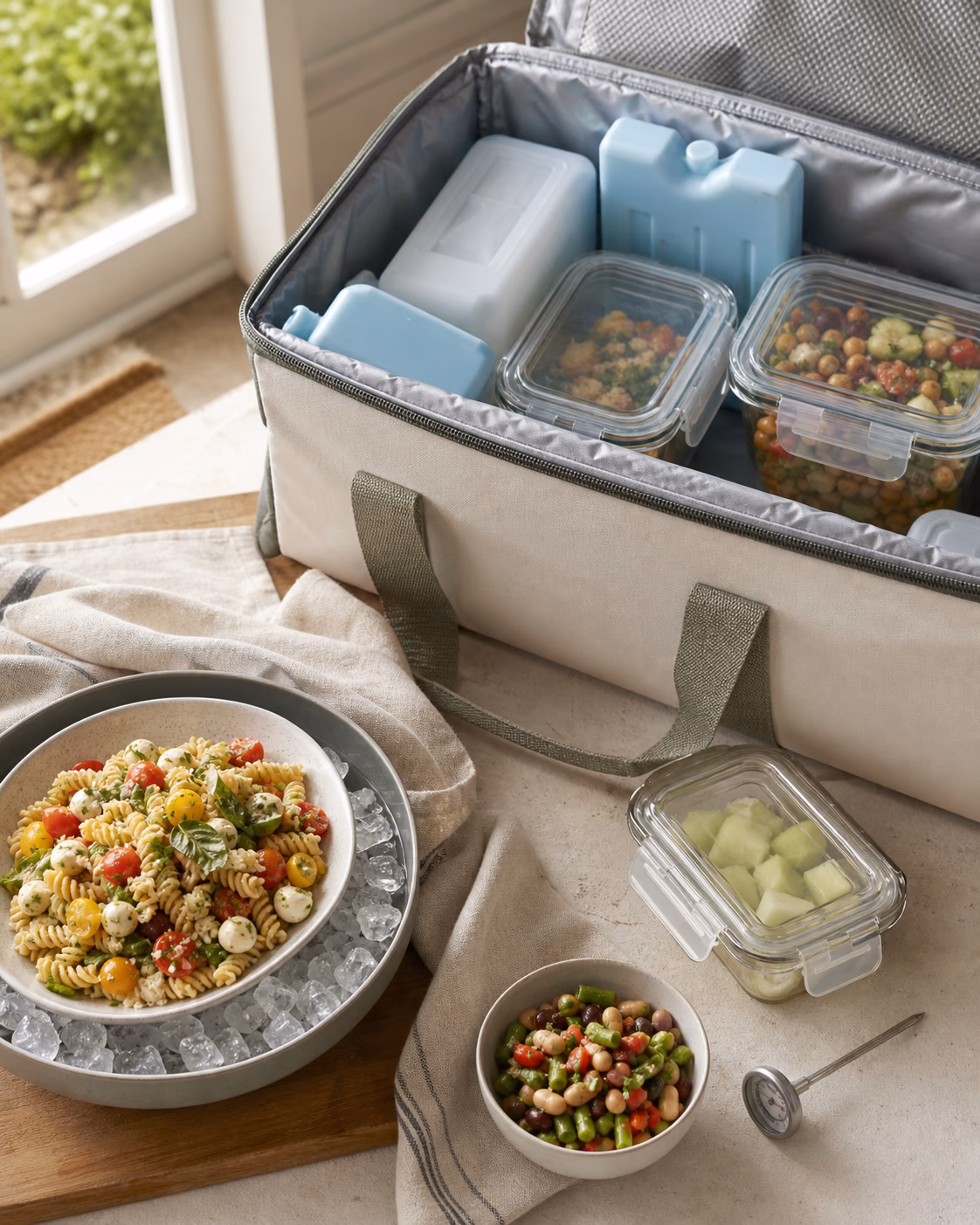 Open cooler with ice packs, lidded salads, pasta salad set over ice, bean salad, melon, and a food thermometer