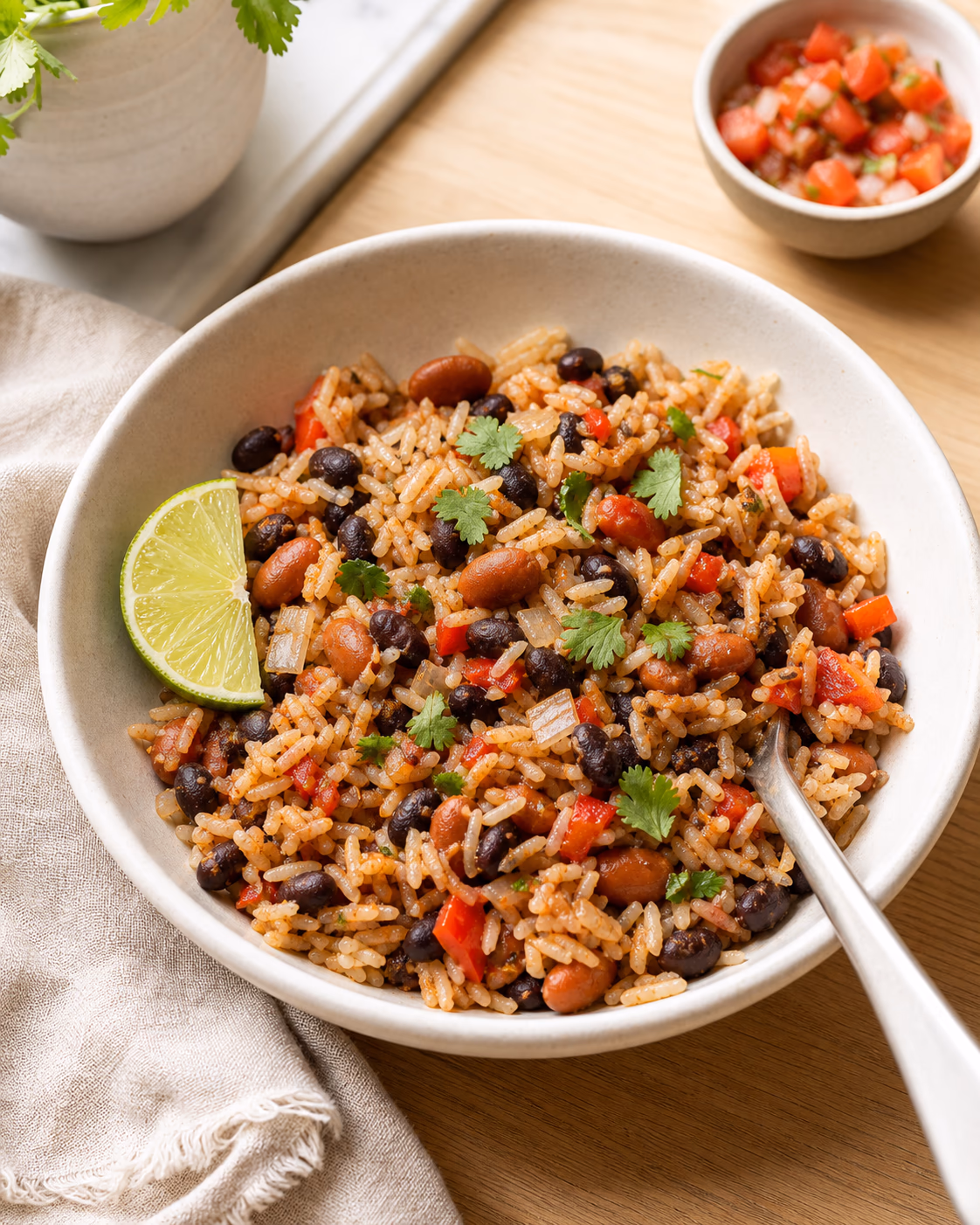 Rice and beans with black beans, pinto beans, red pepper, cilantro, lime, and salsa in a shallow cream bowl