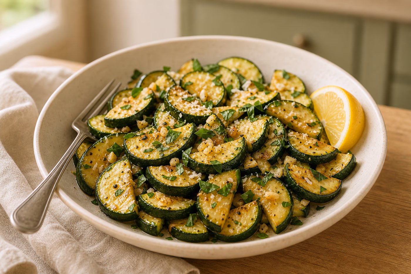 Bowl of sauteed zucchini with browned edges, garlic, herbs, lemon, and optional Parmesan