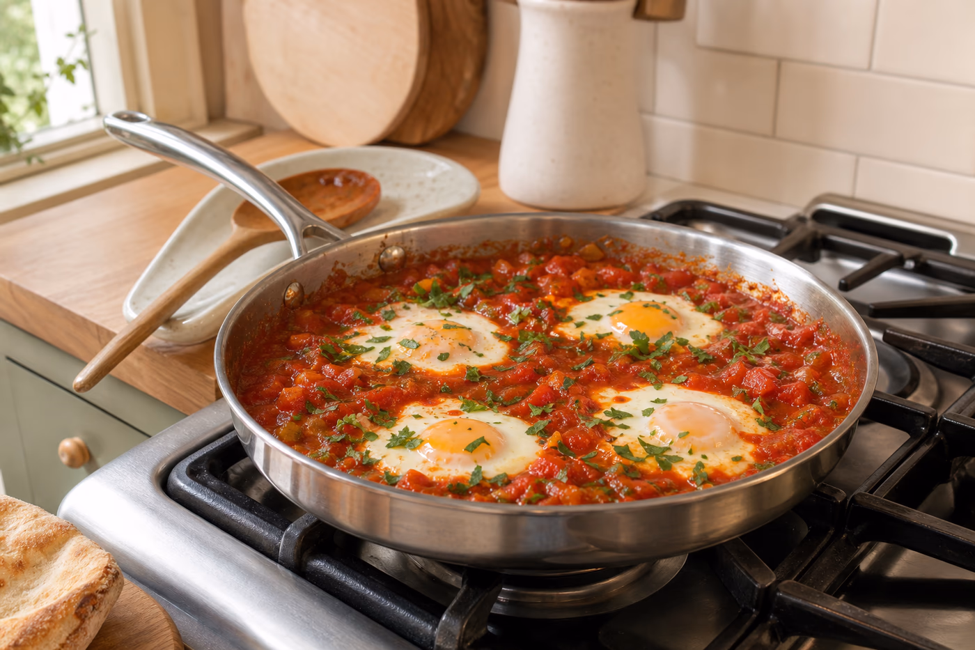 Shakshuka with four eggs in thick tomato pepper sauce in a skillet on the stove
