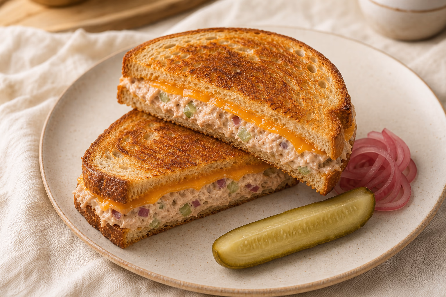 Crisp tuna melt sandwich with melted cheddar, pickled onions, and a pickle spear on an ivory plate