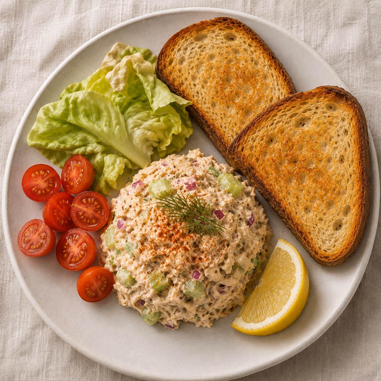 Tuna salad with celery and red onion served with toast, lettuce, tomatoes, and lemon