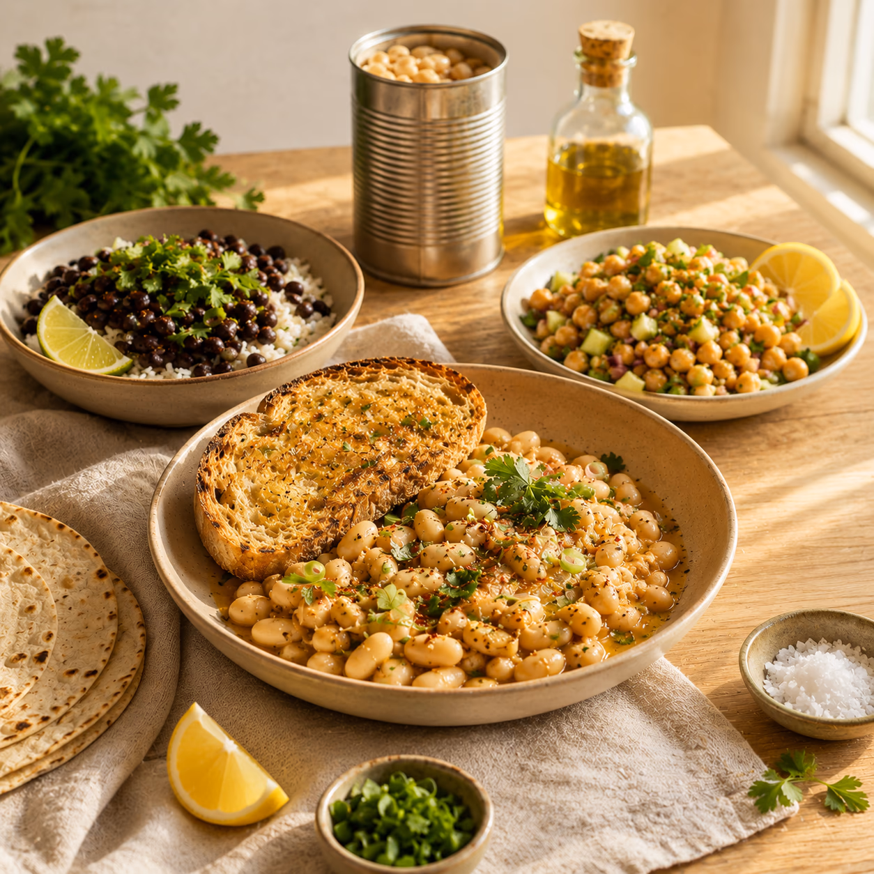 Saucy white beans with toast, black beans over rice, chickpea salad, tortillas, herbs, lemon, olive oil, and an opened can of beans
